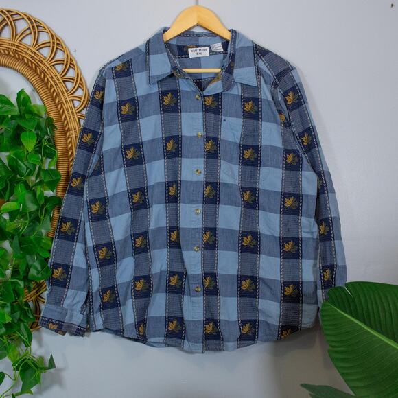 Blue Check Autumn Leaves Embroidered Shirt XL Cotton Button Down | Soft Summer - Picture 1 of 8